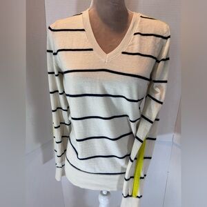Banana Republic Cream V-Neck Sweater with Navy Stripes and Yellow Accent